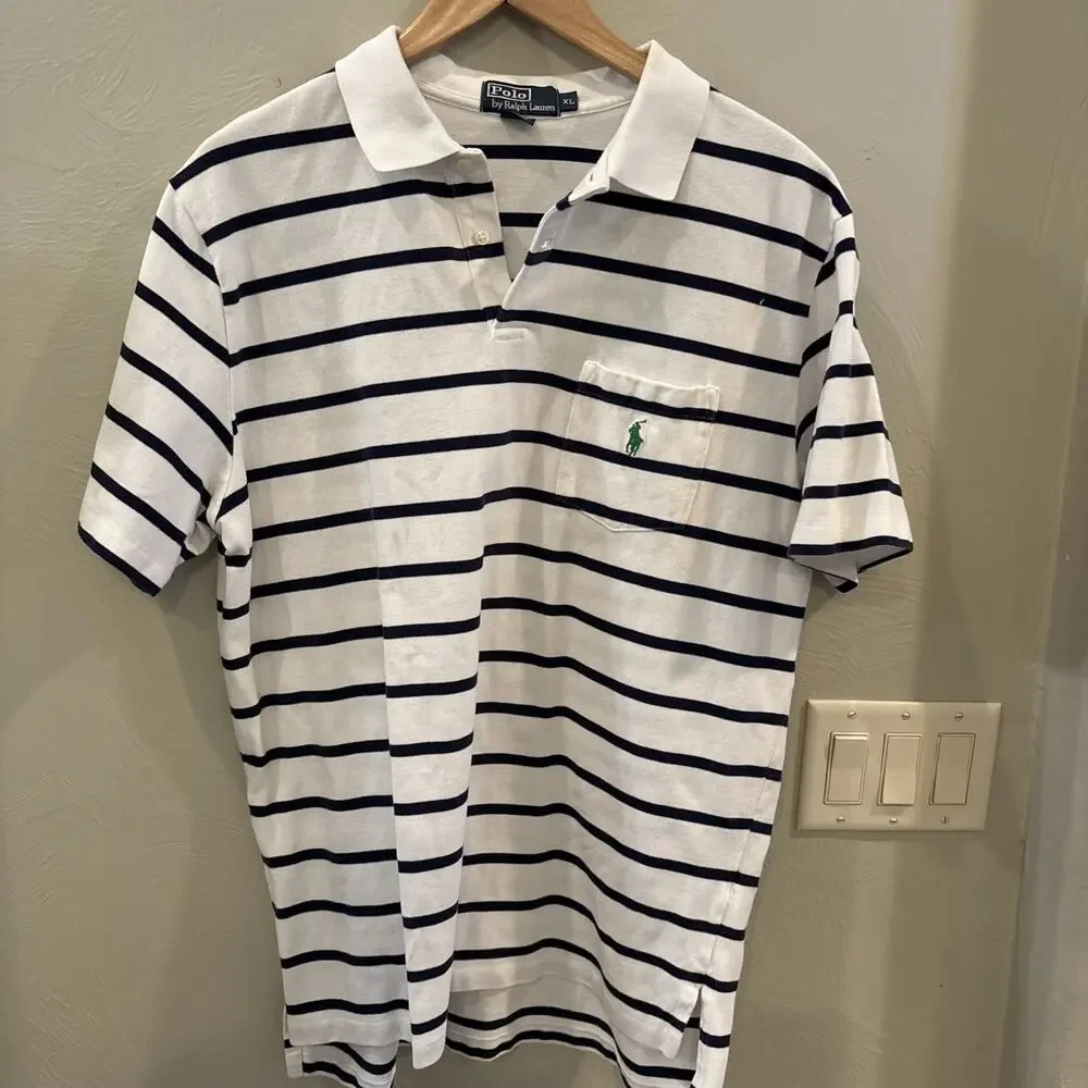 Vintage Polo by Ralph Lauren Blue White Striped 100% Cotton Men's XL Polo‎ Shirt